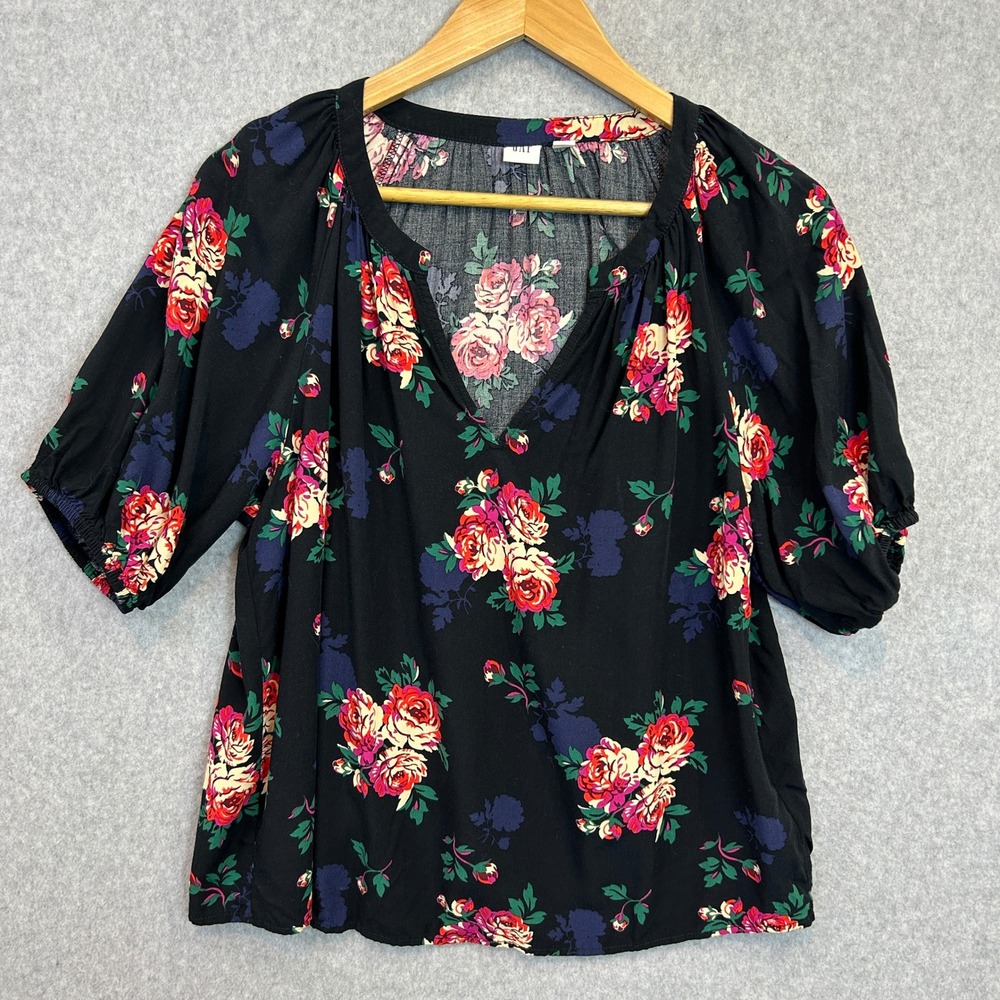 GAP Size Small Puff Sleeve Top Black Dark Floral Blouse Romantic Cottagecore